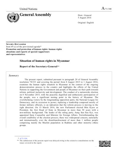 Situation of Human Rights in Myanmar – Report of the Secretary-General
