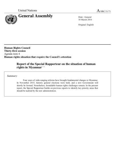 Report of the Special Rapporteur on the Situation of Human Rights in Myanmar